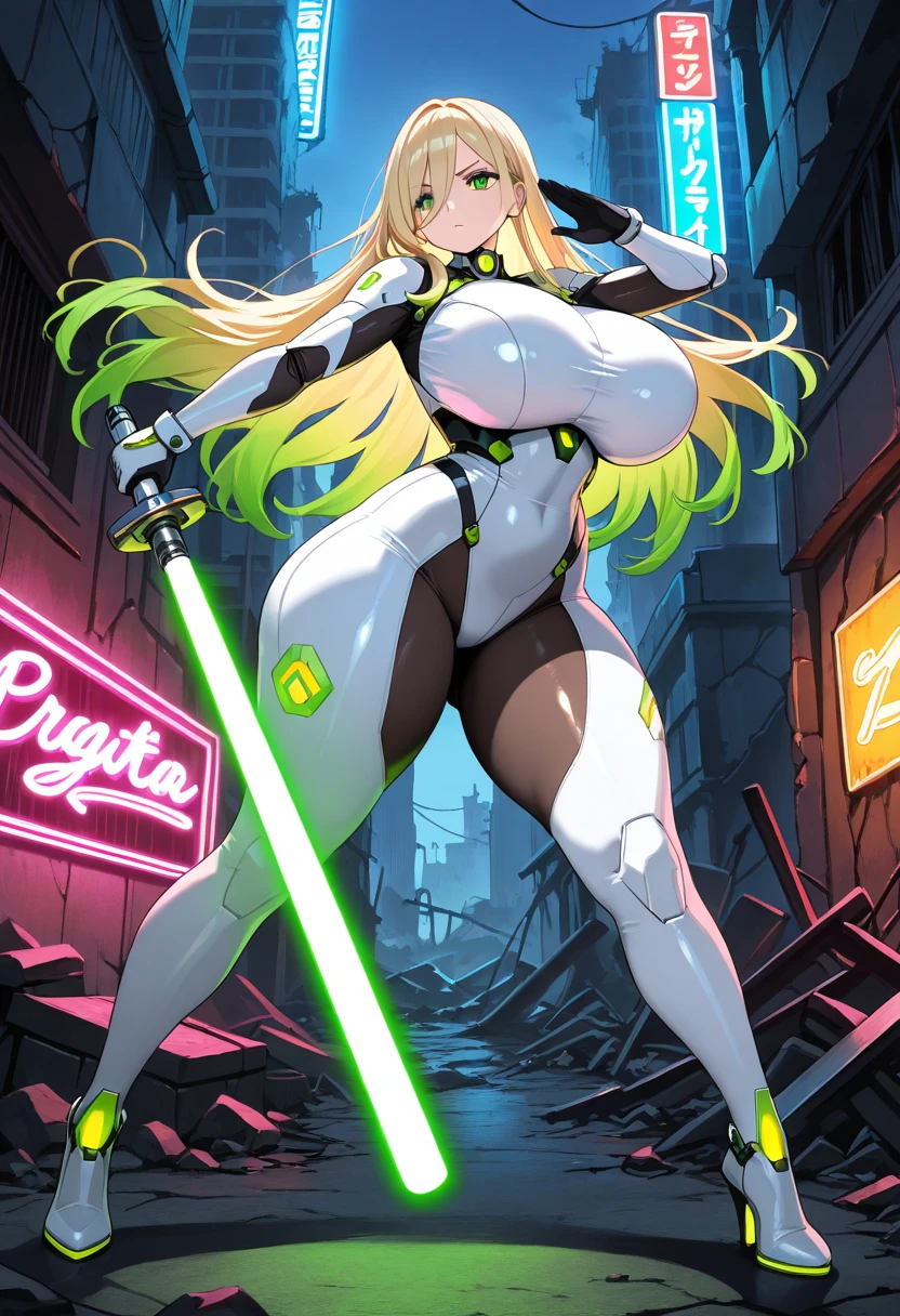 1girl, green eyes, blonde hair, long hair, large breasts, hourglass figure, bodysuit, white bodysuit, neon, neon trim, machinery, tech, science-fiction, futuristic, serious, standing, full body, ((full body)),, pantyhose, black pantyhose, wavy hair, fighting stance, drone, robot girl, gun