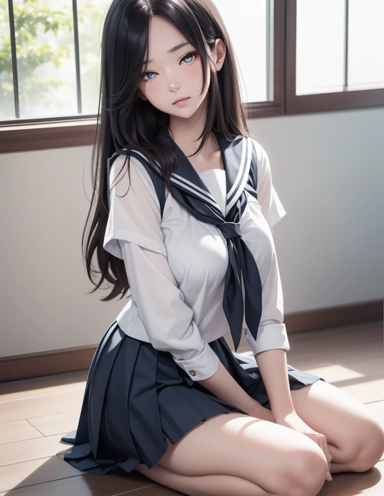 8K, Raw photo, Best Quality, masutepiece: 1.2), (Realistic, Photorealsitic: 1.37), Ultra-detailed, Schoolgirl in sailor suit with ponytail, Beautiful, Solo, Beautiful detailed sky, Detailed Coffee, Night,(Flushed nose), (Smile: 1.1), Long Black Hair large full breasts, Beautiful detailed eyes, (Collared shirt: 1.1), a bow tie, Pleated skirt, (Short hair: 1.2), Long hair, Wet and see-through underwear 超A high resolution real looking skin Beautiful expression wetting hair A sexy