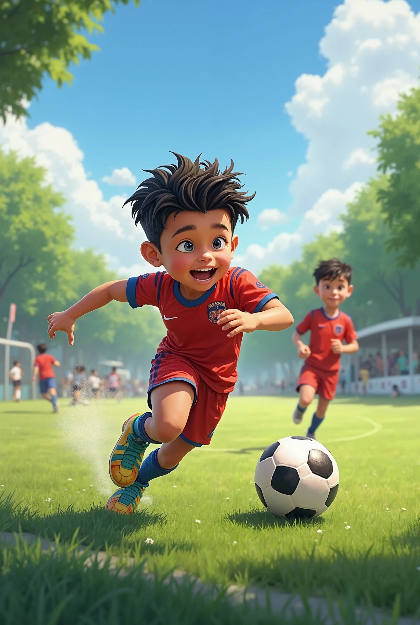 A boy kicking football in goal