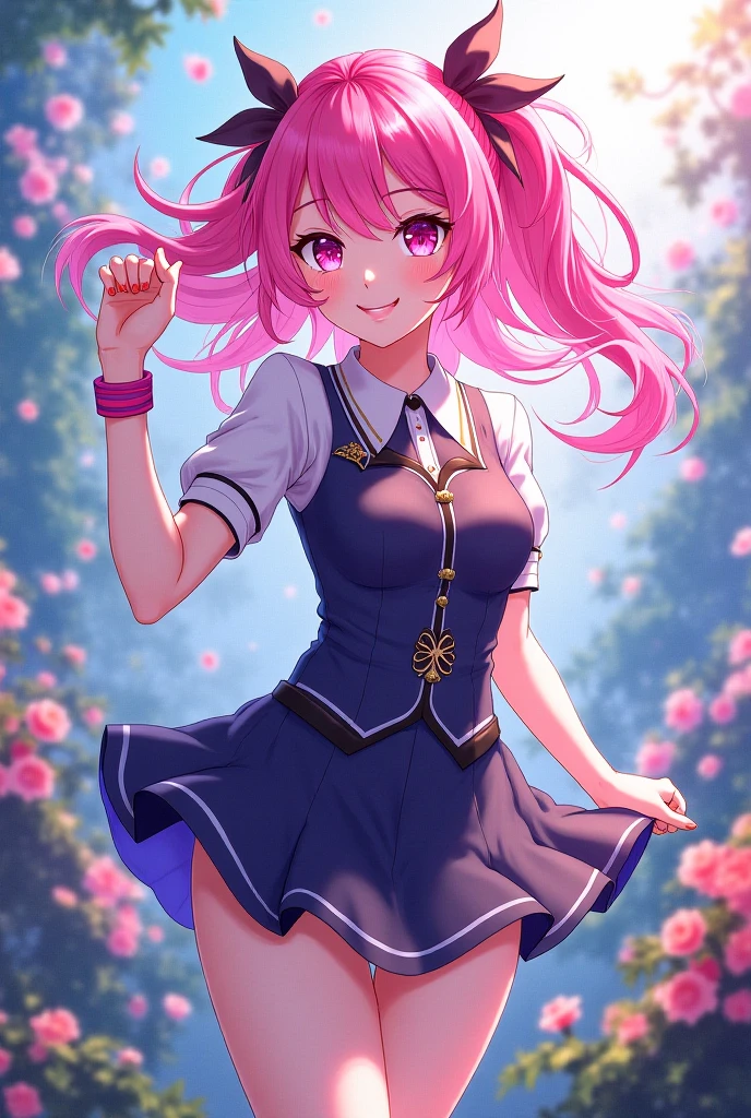 Pink hair, blue eyes, kizi, female, short skirt, smiling,18, one girl, long hair, ponytail