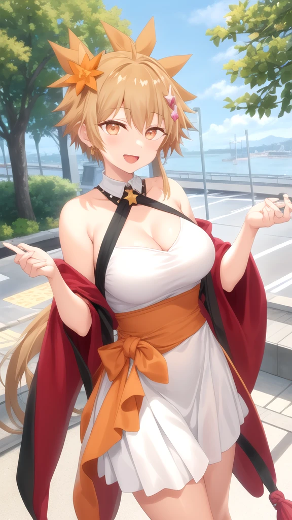 masterpiece, high resolution, best quality, rendered art, beautiful art, well formed fingers and hands, 1 woman, solo, Lumine, blonde, adult, grown up, 31 years old, large and round breasted, cleavage, full body, wearing a Iroha Samurai Spirits cosplay, Iroha_Samurai_Spirits_cosplay, maid hat, choker, fingerless gloves, black tights, sexy and skimpy kimono, pelvic curtain, white maid uniform,fighting in a combat match, showing her fighting skills, making her guard, about to hit the viewer, looking at the viewer,   sweating, bouncing breasts, smiling joyfully and brightly, being confident and proud, action and fighting scene, fighting cage on beach environment.                  