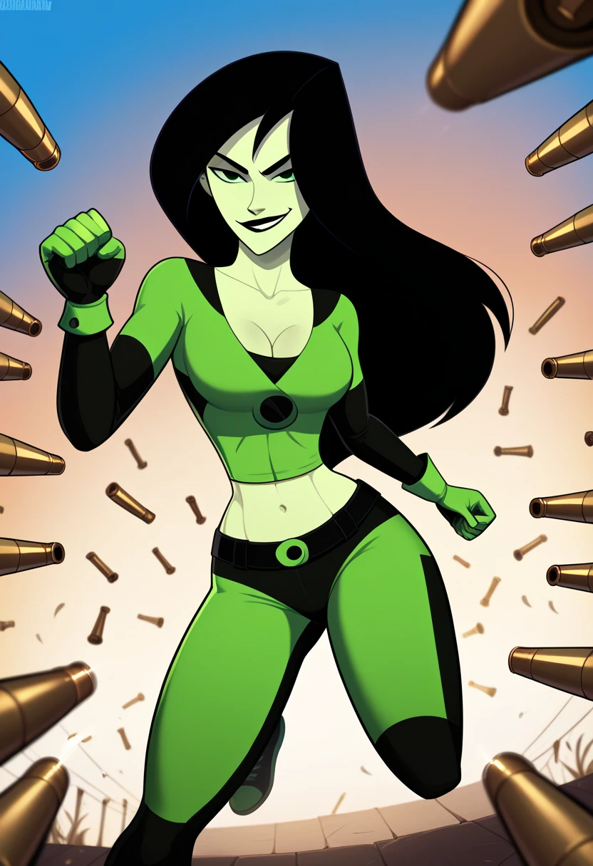  score_9, score_8_up, score_7_up, (Expressiveh:0.8), BREAK score_9, score_8_up, score_7_up, score_6_up, score_5_up, masterpiece, best quality, high detail, BREAK Shego, 1girl, solo, meduim breasts, lips, seductive smirk, cleavage, midriff, skin tight, outside, slut, surrounded by ((hundreds of moving bullets)), ((hundreds of bullets)), dynamic motion, tense action pose, dynamic pose, running, ((bullets flying around)), narrowed eyes, seductive smirk, escaping bullets, dodging bullets, cinematic lighting, accurate, detailed facial features, dynamic, expressive, action, bullets, bullets passing by, illustration, 4K, high resolution, cinematic lighting, rich color palette, dramatic shadows, dynamic angle, cinematic angle, movie angle,