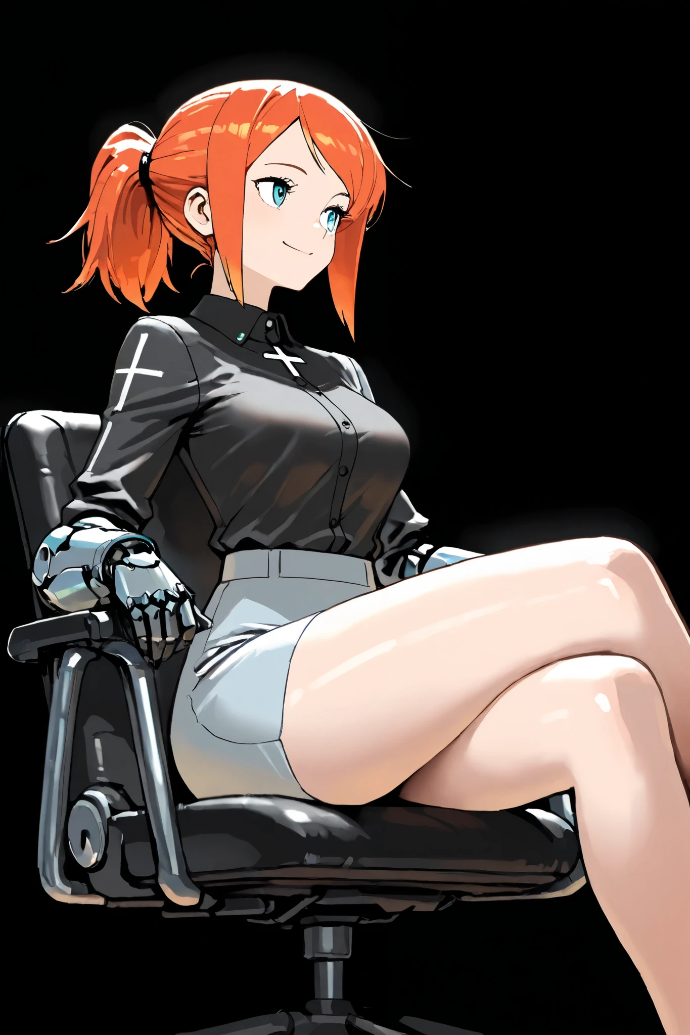 masterpiece, best quality, highest resolution, 1android girl, orange hair,ponytail, iron arms, black, dress shirt, skirt,mature, smile, sitting on chair, cross legs