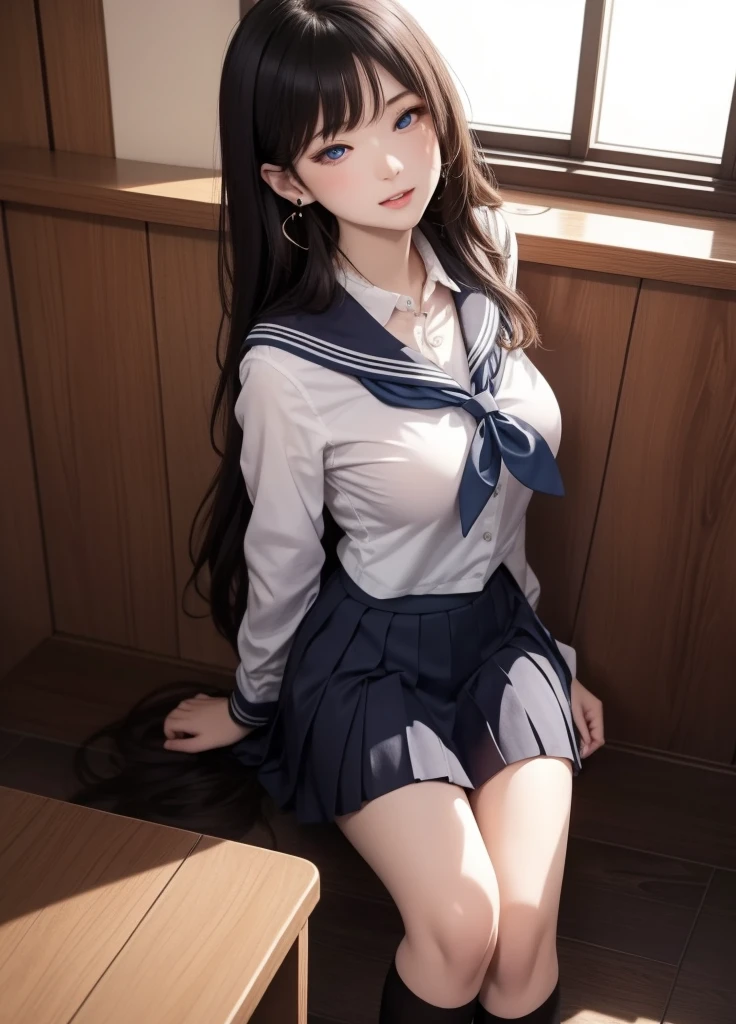atago, 1girl, 独奏, atago \(azur lane\), cosplay, mole under eye,
animal ears, very long hair,bangs, sidelocks, hair ribbon,
school uniform,cardigan, sailor collar, serafuku, long sleeves, pleated skirt, pantyhose, (best quality, masterpiece:1.2), tianfeng1, Extremely detailed, (Practical:1.37), beautiful, youth, Glamorous model, Warm colors, ((A full body perspective,Naturally bent knees,Skin is firm and smooth)), ((In the old-fashioned room,Sit on the edge of the bed,Lean back,Support your body with your elbows)), ((Elegant and natural posture)), (big eyes, Delicate eyes, Delicate lips, Delicate eyes), Available in white with floral pattern, Show a bright smile, fit, Full breasts, ((Big breasts)), Long legs, Create a stunning picture of a girl enjoying her sleep