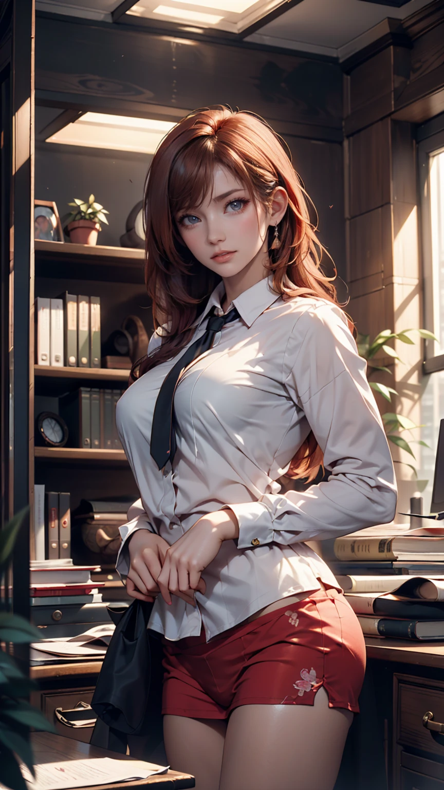 (masterpiece, Highest quality), Intricate details, 8k, Art Station, wallpaper, Official Art, Sharp focus, One girl,Toned body、 Long Hair,ponytail, Brown Hair, , office lady,White patent leather shirt、Black enamel tight skirt、slit、tights、 printing, Cold Eyes , Muddy eyes、skyscraper, city, building, car, street,