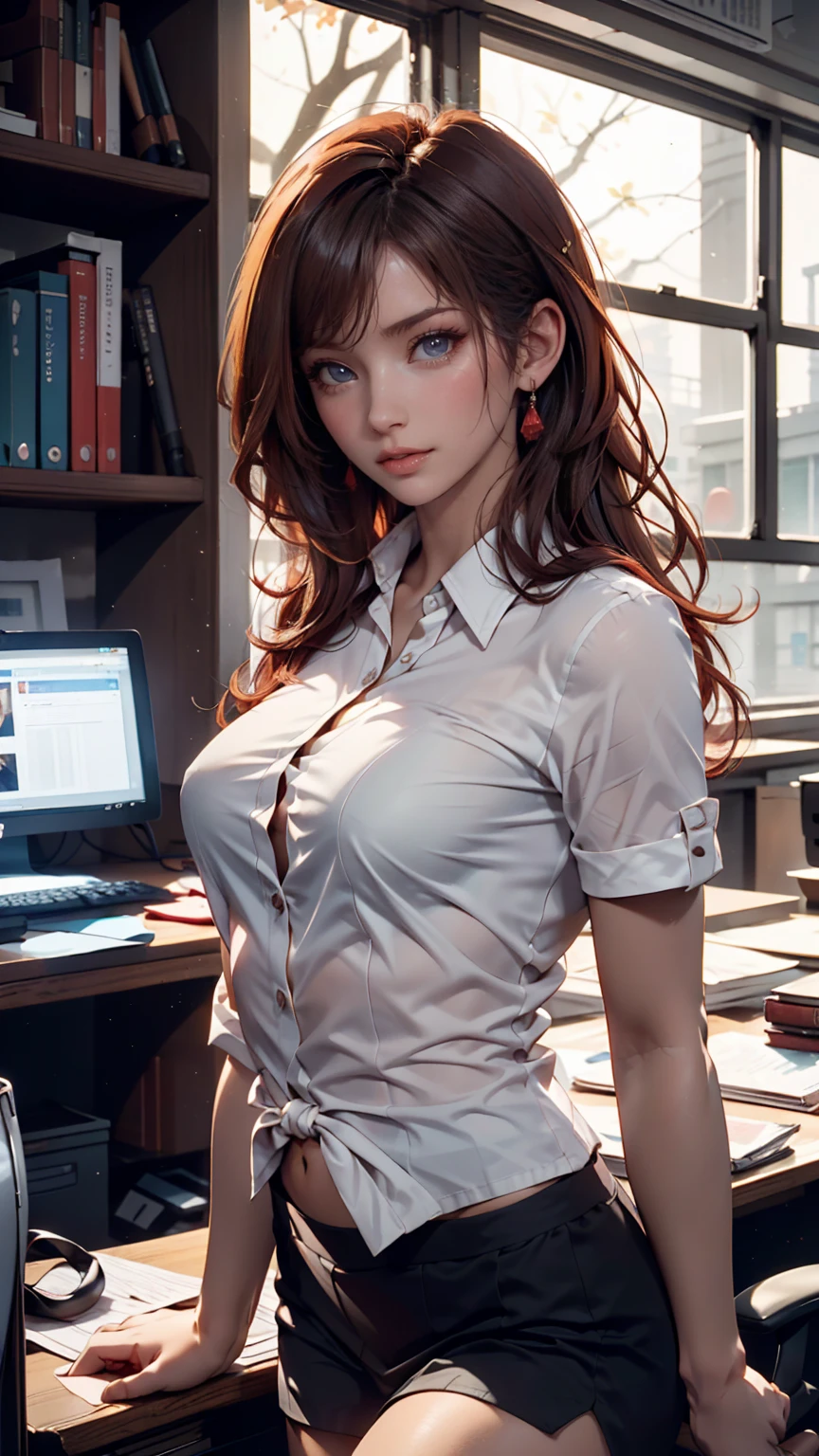 masterpiece、High resolution 8K、National Foundation、Clear focus、Contrast lighting、delicate skin、Fragments flying、 best quality、Ultra-high resolution、Ultra-high resolution、Detailed CG、in stock exchange、Large Office、Lots of big monitors、desktop computer、trade、document、in stock、Chart Screen、Horizontal focus male office lady、Woman sitting on a chair、beautiful eyes、(Detailed face and:1 2)、Narrow your eyes、Almond eyes、Black eyes、Eye Gradient Eye Highlight:1.2)、(Bright reddish brown hair、middle、Asymmetrical bangs)、(ID card、Office Dress Code Shortage、White Cut Shirt、Black pencil skirt、Pump)、(Full lips、Total、Glossy lips、 size) 、(Oval face : 1.4)、(Arms with tiny fingers、Detailed manpower)、Half open smile、The teeth are clearly visible(((Full breasts,)))(((Large Breasts))) (((Cleavage))),