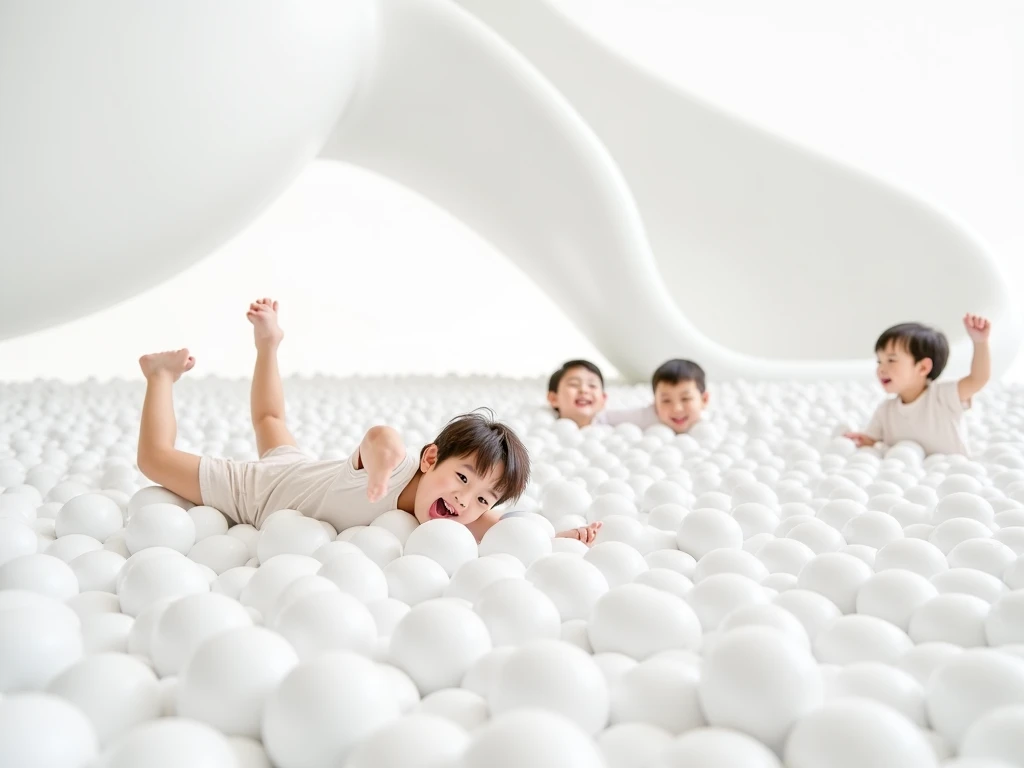 There are two children playing in the ball pit,The little girl hid behind the little boy,Children's Square in the Discovery Area,Warm and convivial atmosphere,Happy kids having fun,fantasy land。