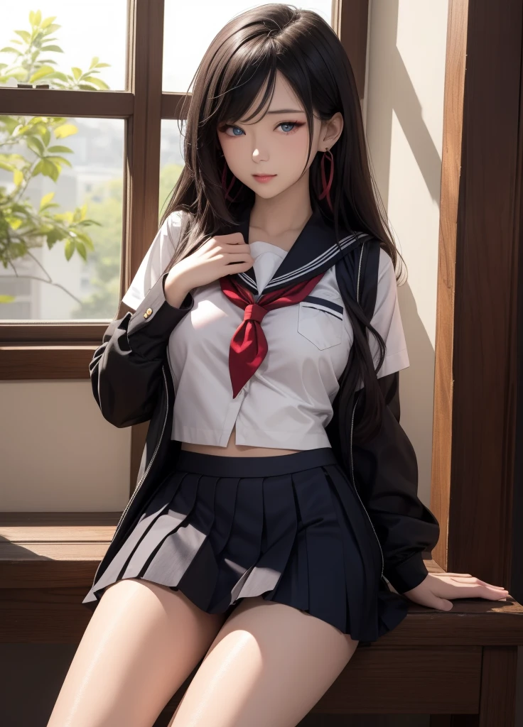 (8k, RAW Photos, 最high quality, masterpiece:1.2), High quality RAW color photos, Professional photo shoot, Cinematic Light, alone, (((young woman, gal))), (Sharp features), (Small face), (Skin with attention to detail:1.2), clavicle, Cute Face, Beautiful appearance, Long eyelashes,Girl Turning Around, smile, (Black Hair, Long straight line), high school student, Red tie, High School Uniform:1.2, Black jacket, Open jacket, Jacket cuff buttons, White shirt, Check skirt, Night Park, Birds chirping, Confident attitude, Capture the happy moment, Artistic painting,Attractive thighs, loose socks:1.2, sneakers:1.2, (A very fine touch:1.2), (shy smile), Peaceful atmosphere, Oil painting style, Bright colors, (Are standing:1.5, lean on a tree, Full body portrait), Smooth texture, Gazing Eyes, Beautiful Skin, Shiny skin, ((Perfect Fingers, Five Fingers, Anatomically correct)), Background Blur, high quality, surreal, ((Very detailed, photo shoot)),(Skirt flip、I can see her panties), ((unbuttoned shirt:1.4)), ((topless:1.4))