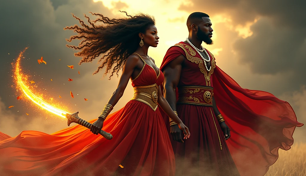 Crie uma imagem realista de Shango e Iansã juntos. Shango, a strong man with very short hair, is wearing a king's crown and wearing traditional African attire in red and white colors. He holds a double-edged axe, symbolizing his strength and justice, with an expression of authority and wisdom. Next to you, Iansã, a powerful and determined woman, wears vibrant red clothes. She has long, well-defined braids, and holds a ponytail fan (iruexin), with her hair flowing in the wind. The background should reflect a stormy environment, with dark clouds and lightning, capturing the powerful and indomitable energy of this divine couple