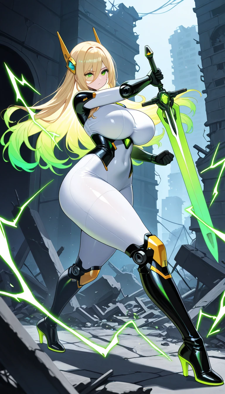 1girl, green eyes, blonde hair, long hair, large breasts, hourglass figure, bodysuit, white bodysuit, neon, neon trim, machinery, tech, science-fiction, futuristic, serious, standing, full body, ((full body)),, pantyhose, black pantyhose, wavy hair, fighting stance, robot girl, sword, lightsaber,