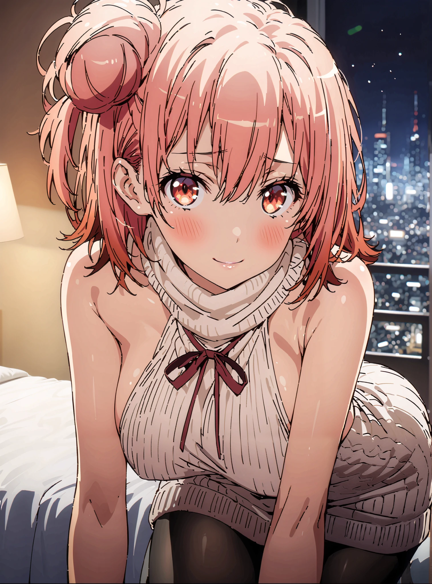 yuiyuigahama,   Yuigahama Yui  , short hair, brown eyes, ピンク色の髪, hair bun, single hair bun,Big Breasts,
Virgin Killer Sweater, Naked Sweater, sweater dress, Open back clothing, turtleneck sweater with Viki under clothes, backless dress, sideboob,Black Pantyhose,bending forward,sitting on the bed,blush,shy,seductive smile, Interior ,Beautiful cityscape, beautiful night view with depth,full bodyがillustration for both eyesに入るように,       break indoors,bedroom,
break looking at viewer,full body,
break (masterpiece:1.2), top quality, high resolution,  Unity 8K Wallpaper , (illustration for both eyes:0.8), (Beautiful Detailed Eyes:1.6), very detailed face,  perfect lighting, extremely detailed CG,full body写真, (perfect hand, perfect anatomy),