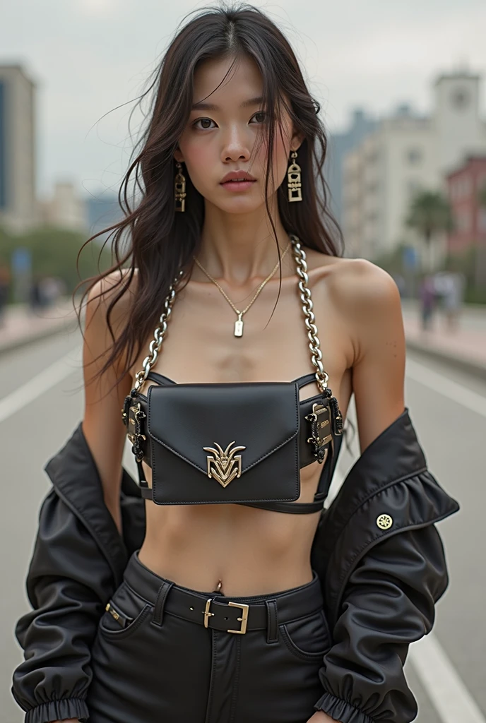 A girl walking down the runway at a fashion show, thigh, (Costume made entirely from duct tape:1.5), (High resolution:1.3), (16K, Realistic, RAW Photos, Best image quality: 1.4), (One Girl), Beautiful Face, (Lively Faces), Beautiful hairstyle, Realistic eyes, Beautiful and exquisite, (Realistic Skin), Beautiful skins, charm, 超High resolution, Surreal, High detail, Golden Ratio, Highly detailed cute girl,(20-year-old), Nipples, Completely naked