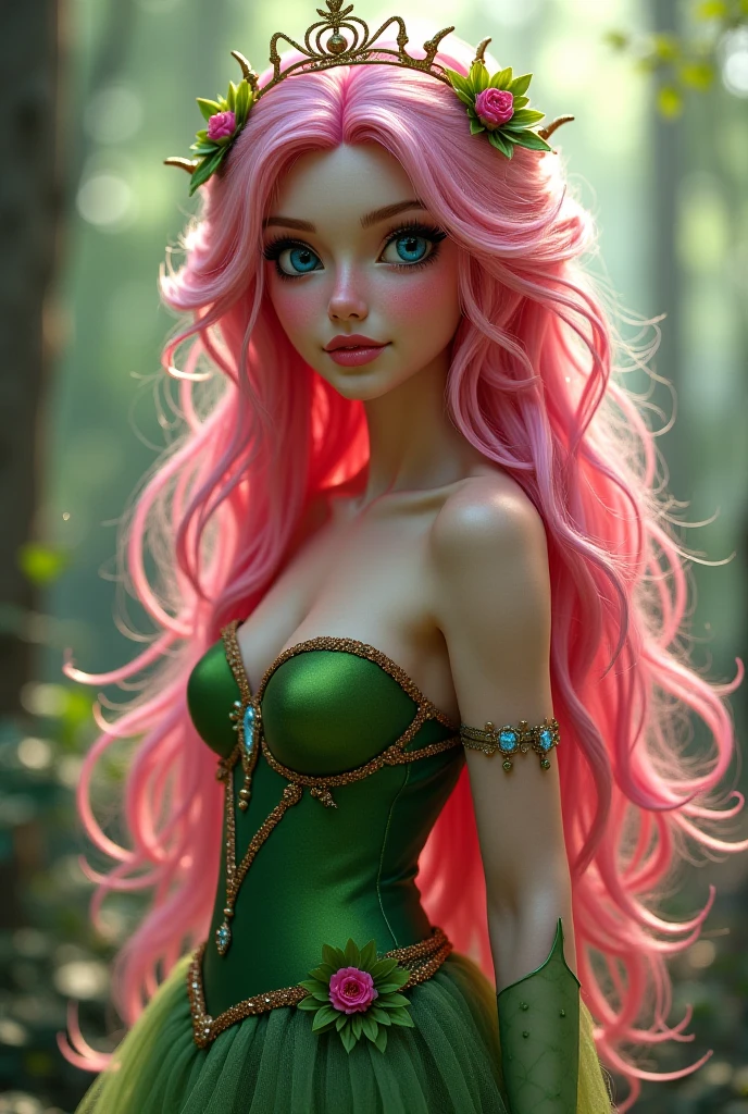 Elf girl with pink hair and green eyes. Green halter-neck dress with double slits ip the sides. Green tiara on her head