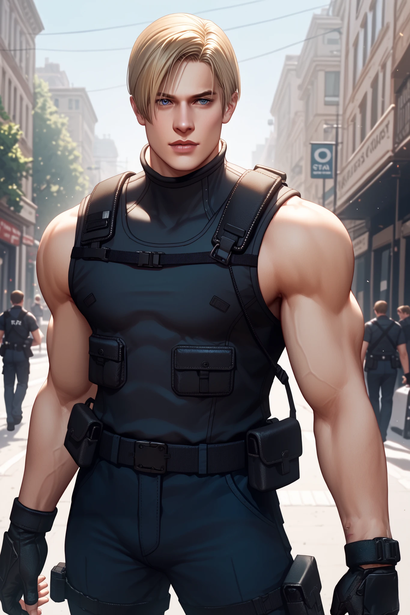 (High resolution CG), ( top quality ), (High resolution CG), ( top quality ), Backstreets,. Kennedy, SWAT Clothing, Beautiful and attractive young man , muscular and toned
