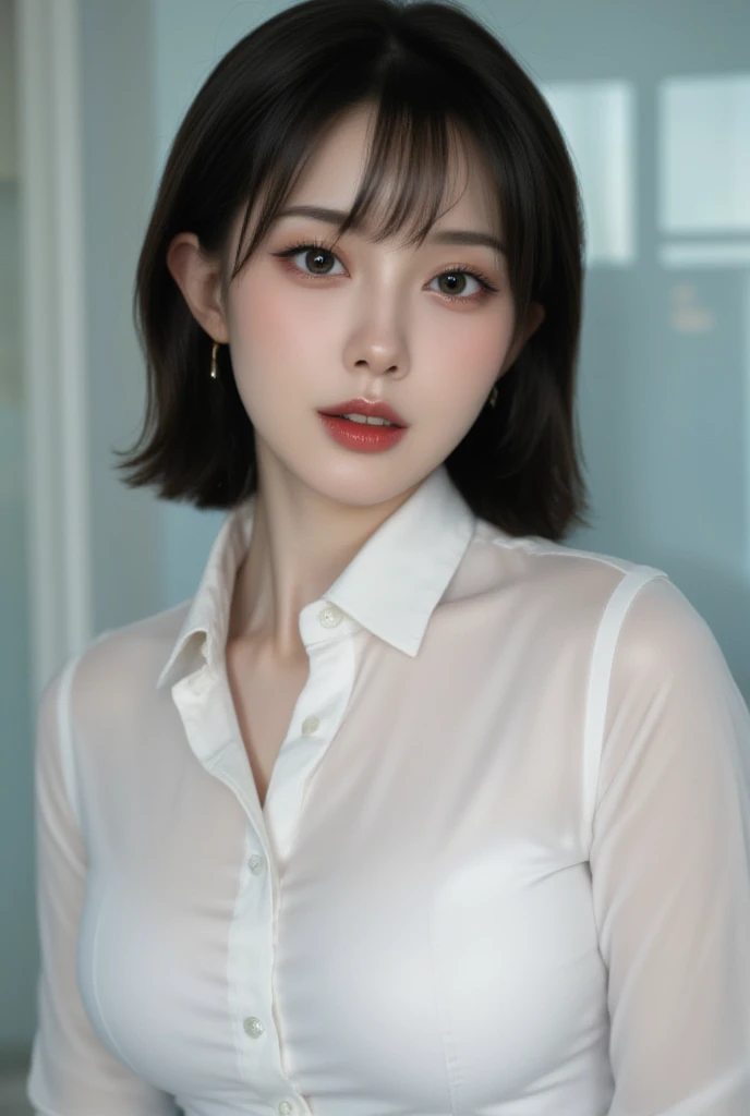 best quality, Masterpiece, (realistic:1.4), 1 girl, smile softly, shirt with collar, Waist up, incredible light, from below
