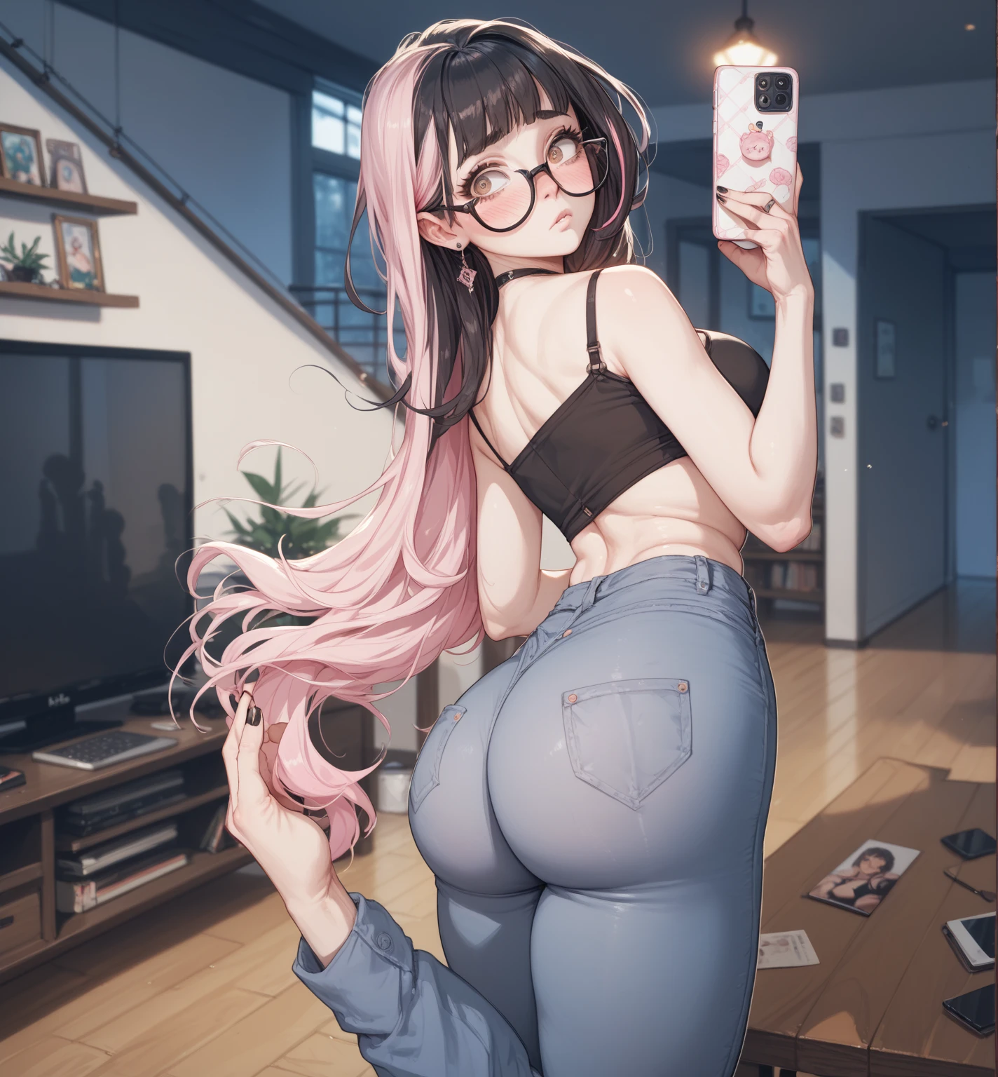 teens girl、mirror selfie、HENTAI BUNNY GIRL、Ribbon Ties、A dark-haired、stright long hair、​masterpiece、highcontrast、cinematlic lighting、Detailed shading、top-quality、Top image quality