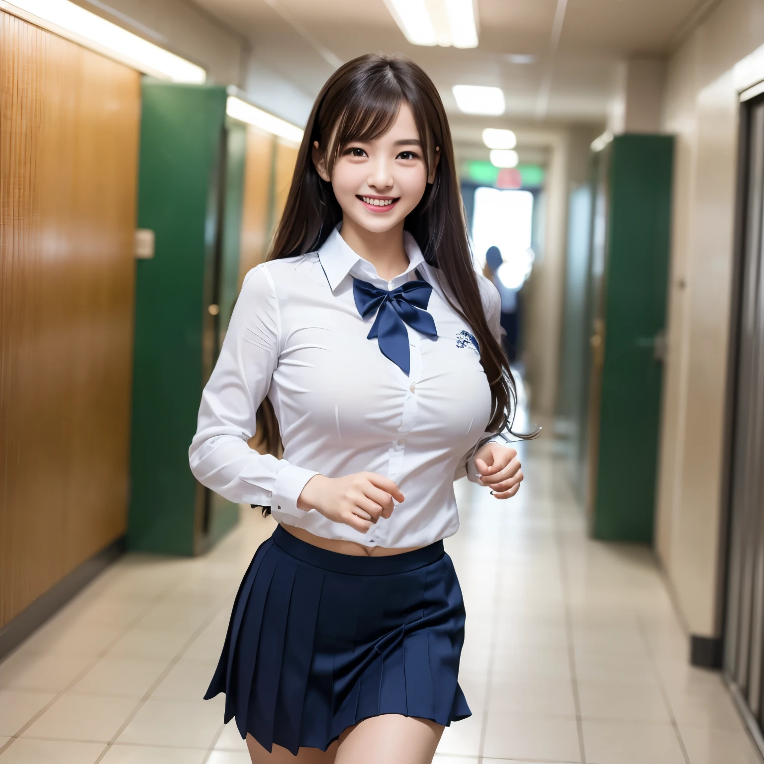 8k, Ultra-high resolution, Highest quality,Ultra High Definition、Very Details,(photorealistic:1.4) ,(School hallway scene:1.3),Break (Natural skin texture、Detailed skin、Hyperrealism、Ultra Sharpness),(one girl:1.3), 20 years old, Japan, cute,(With a big smile on his face:1.3),(Fine Face), (Fine Eyes), (Clear Face), (Detailed Face Description),huge breasts,(masterpiece),Wearing school uniforms.,(running fast:1.3)