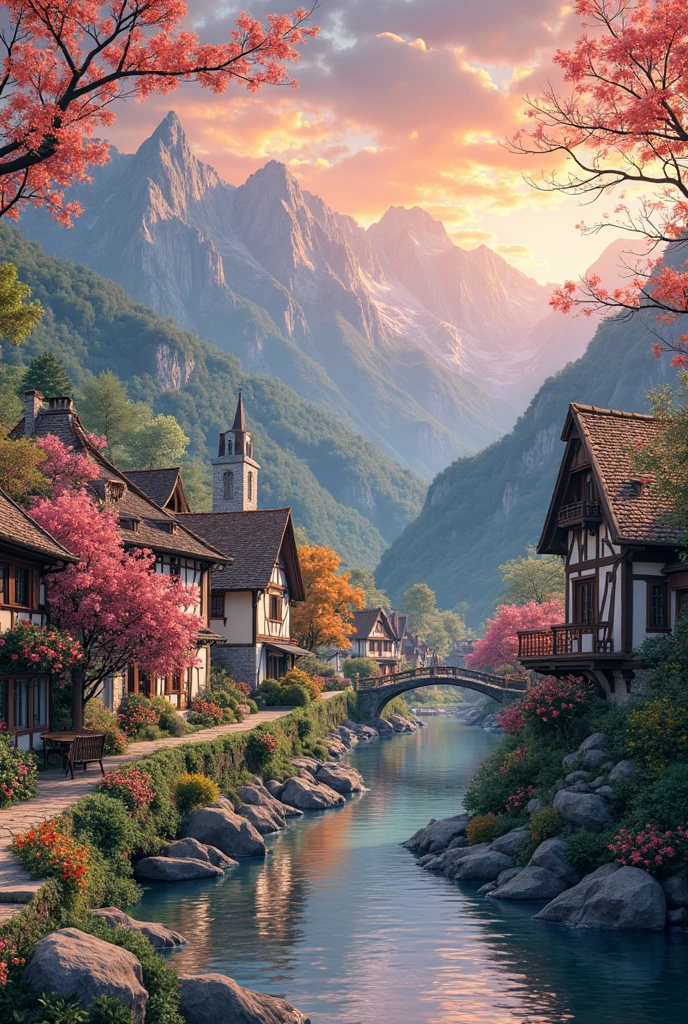 , a small riverside village，The background is mountains，Flowers bloom，vibrant with colors，Detailed scenery，Beautiful natural landscape，Ambiance Lighting，Scorching sunset，a warm color palette，utility，utility摄影，Delicate leaves，Complex architecture ， cobblestone streets ， charming country cottages ， swirling bright colors， dense vegetation ，Still water reflections，picturesque，Leisure and tranquility，artwork of a，Best quality，in 8K，Extremely detailed，anime style