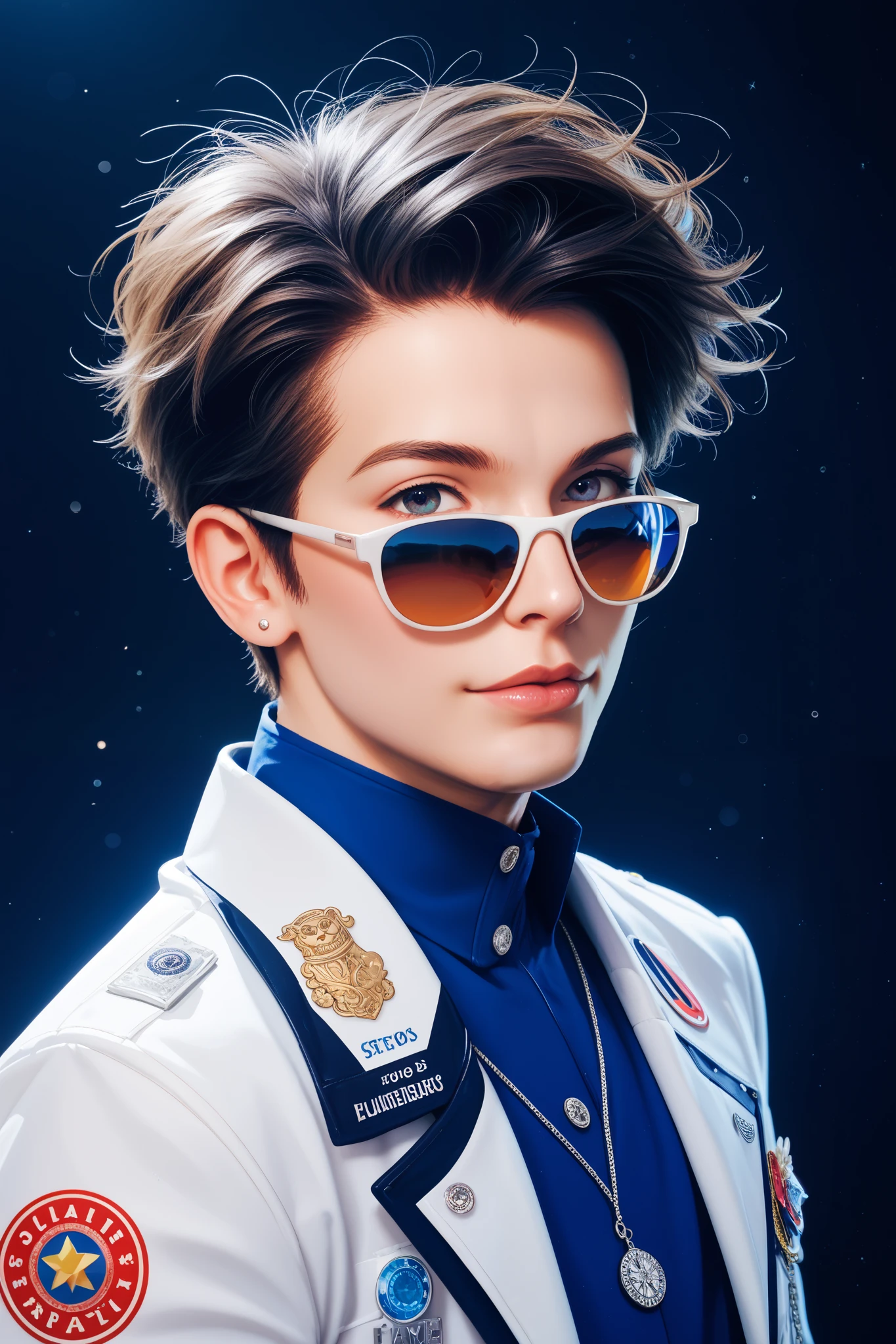 best mobile wallpaper，award - winning wallpaper，Photo photography，Front view of a cute dog，Dressed in mid-1960s space-age fashion，Side view photo，shot with Canon EOS R5，Set a strong contrast to make the subject stand out，Fluorescent blue，Wearing a very modern coat and sunglasses，It&#39;s a modern 1960s style，All clothes are one color，beatiful background