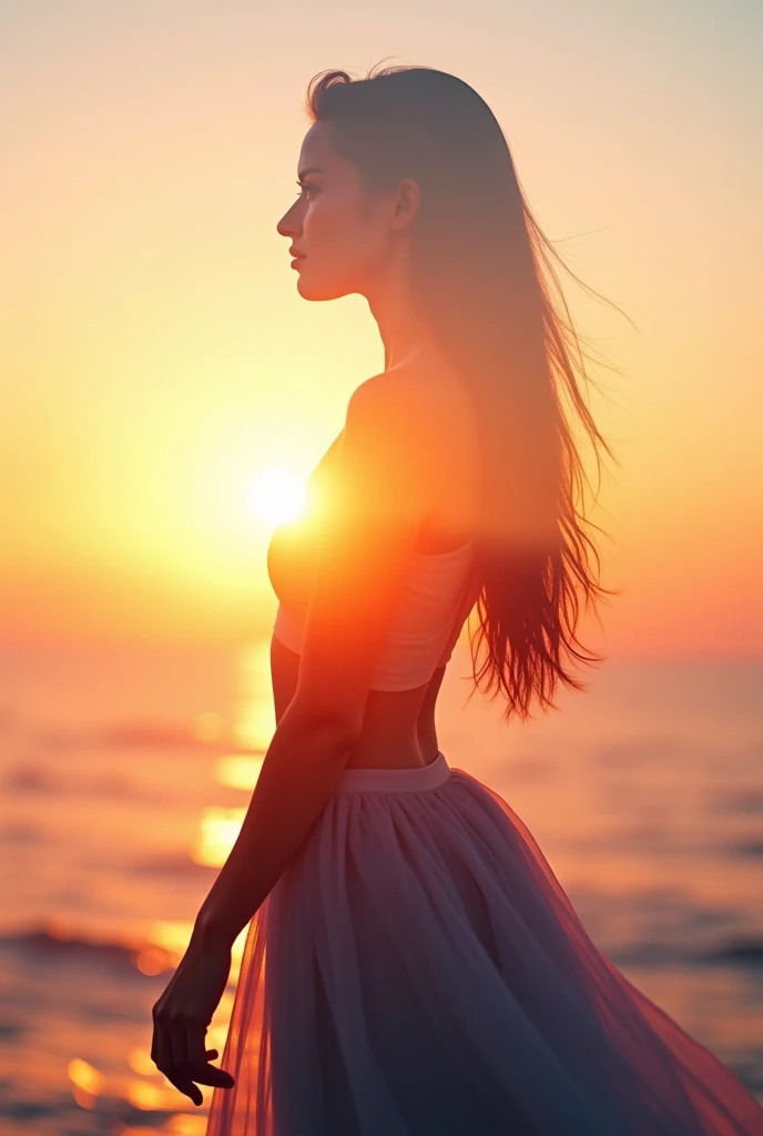 high quality,8k ultra high definition,美丽的Doubleexposure,Combining the silhouette of the goddess with the sunset coast, sunset coast should be used as the bottom background,Details are integrated into the silhouette of the goddess,Clear lines,The background is a monochromatic ,Focus sharp,Doubleexposure,Created by yukisakura,Gorgeous full color