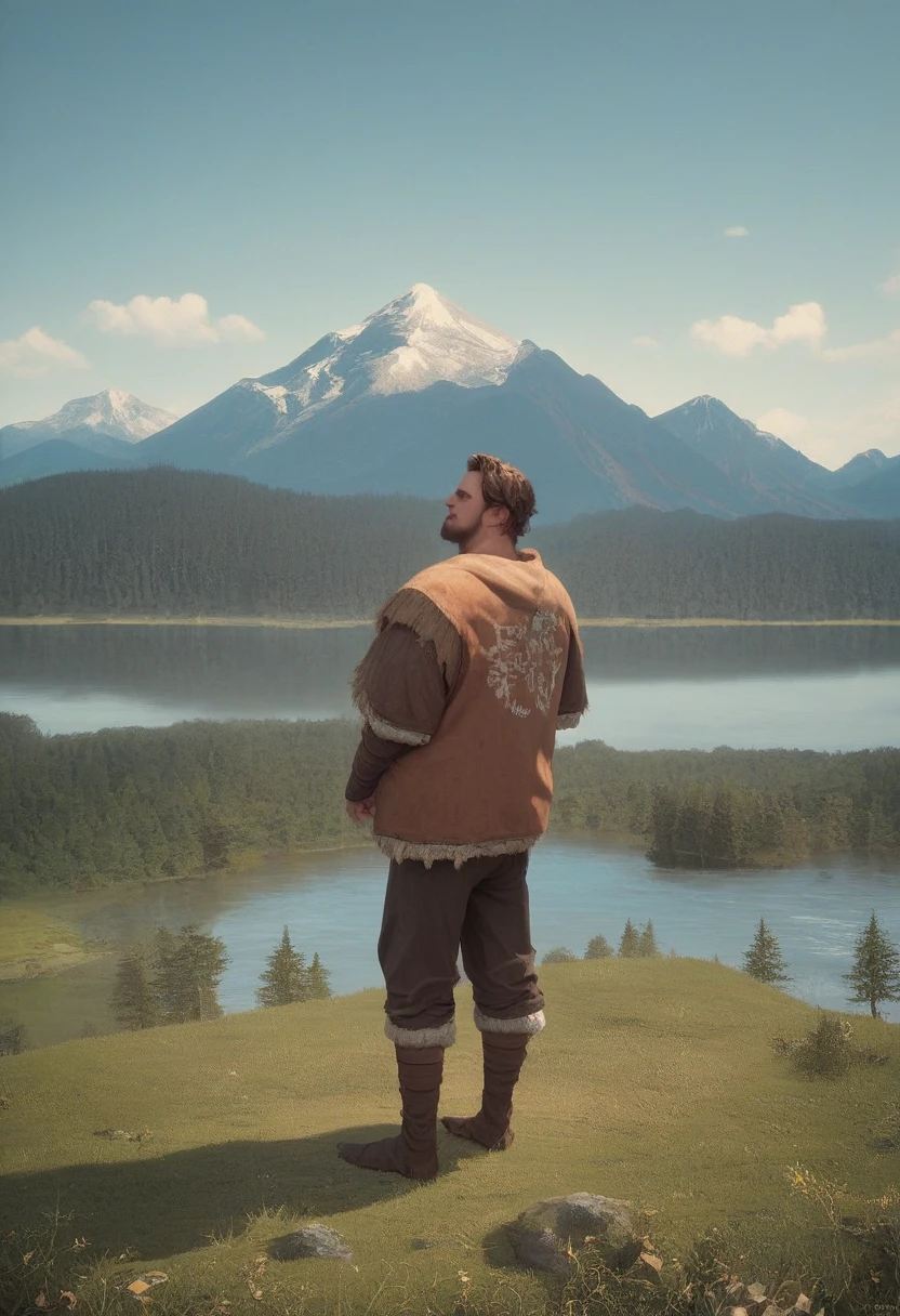 a man with brown hair , aged 40, ((viking beard ), ((( portrait of upper body , Happy)), naturey, Lake on the mountain , ((( Cloudy weather )), ((Late afternoon)), ((Outfit in black ), Pine trees at the foot of the mountain, Cold clothing , Realistic lighting, フォトリアリスティック阴影, hyper realisitc, フォトリアリスティック, 8 thousand, Full-HD