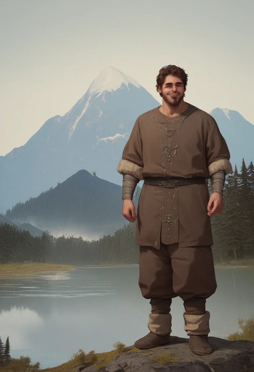 a man with brown hair , aged 40, ((viking beard ), ((( portrait of upper body , Happy)), naturey, Lake on the mountain , ((( Cloudy weather )), ((Late afternoon)), ((Outfit in black ), Pine trees at the foot of the mountain, Cold clothing , Realistic lighting, フォトリアリスティック阴影, hyper realisitc, フォトリアリスティック, 8 thousand, Full-HD