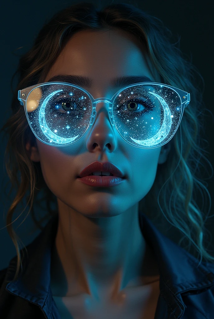 Model wearing glass sunglasses，There are stars and moon on the lens