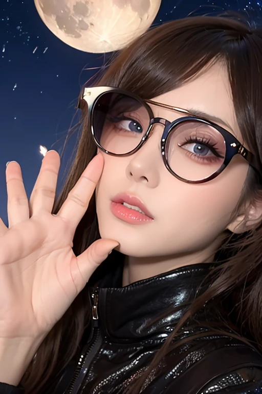 Model wearing glass sunglasses,There are stars and moon on the lens