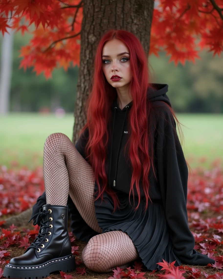 arafed woman with cabello rojo and black dress crouching down, negro y rojo tones, negro y rojo, rojo y negro, black and cabello rojo, rojo y negro tones, negro y rojo colors, negro desordenado / cabello rojo, in rojo y negro, black and cabello rojo hair, gothic girl, negro muy largo/cabello rojo, rojo y negro colors