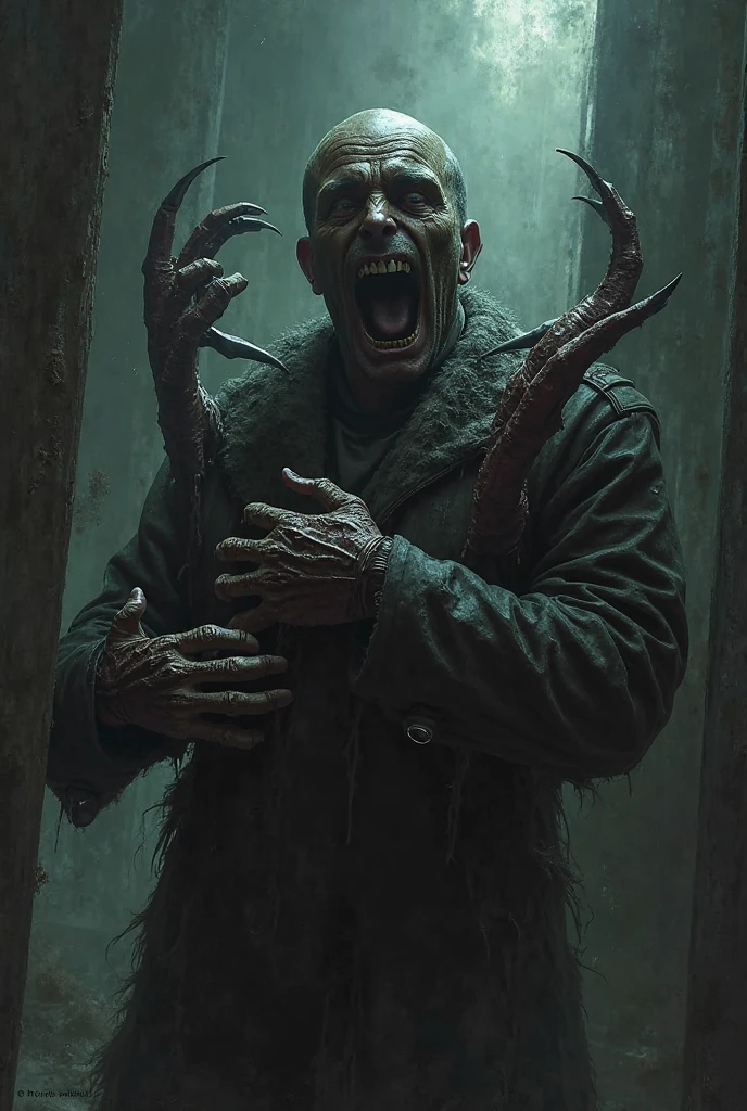 skinny man, grimdark, with glassy eyes, half of your face burned completely, middle finger with a large, grotesque nail curved like a sickle, scary environment in the middle of the forest in front of a cabin that is illuminated by the light of the full moon.