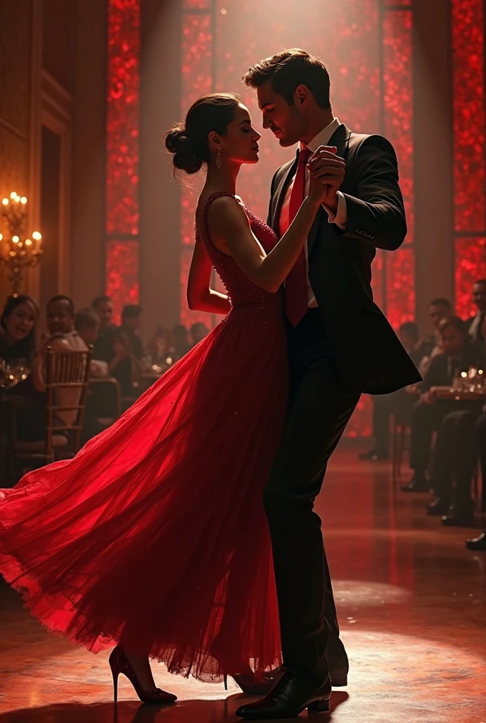 A couple dancing salsa, 1950s style, cabaret, retro, vintage, best quality, 8k, highres, masterpiece, ultra-detailed, realistic, photorealistic, dramatic lighting, dramatic colors, chiaroscuro, warm tones, cinematic, moody, atmospheric, novelistic, romance, best seller romance front page, epic, hot, 
