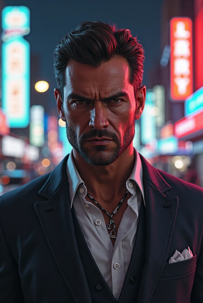 art character businessman in GTA5 style with lossantos background, should hit close to the character's face