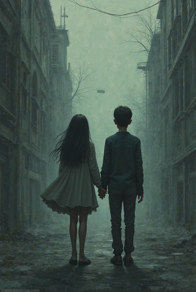 Boy and girl holding hands and they have no faces. The background is a little sad and everything to be super realistic. Make them little older