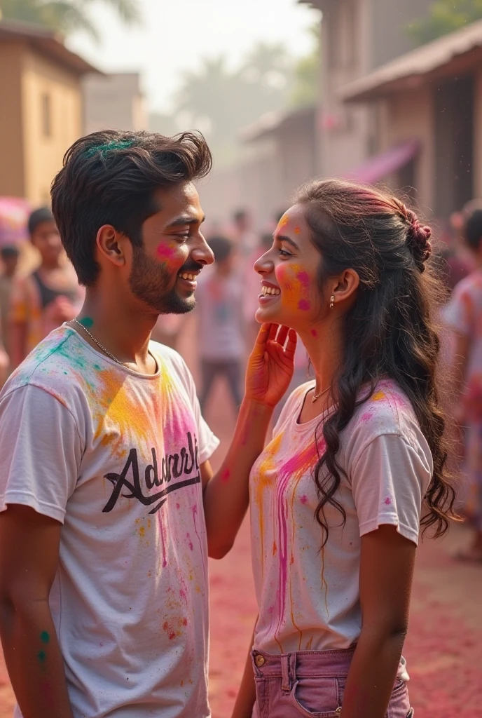 Realistic Indian 20 year old cute boy 18 year old beautiful girl wearing pink t-shirt and boy standing applying dark red gulal with his hand on the girl’s cheek and people playing holi with each other on the road, boy wearing yellow t-shirt whose name is “khushi” as girl name is “Rajan” write on it, very happy photo, fully size profile photo, beautiful realistic photo, hyper realistic photo, very beautiful real photo, surreal photo,