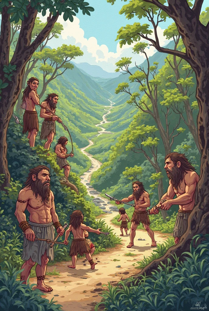 Lush forest、trees,vegetation、prehistoric environment、wilderness,rainforest,primitive, Neanderthals wore caveman clothes, savage,Naked from the waist down,body hair,Lower body covered by leaves,illustration style,两个primitive在担着水果,forest background,Sunlight,lush woods