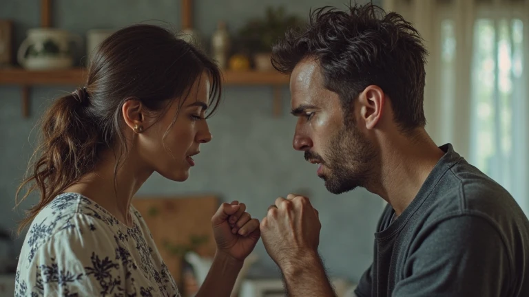 Deman with white teeth, looking at a girl with anger, girl is crying 