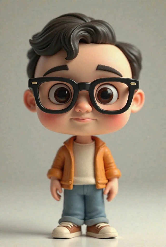 Cute small 45-years-old male programmer , huge head, shot Undercut hair , wearing Round thin frame glasses, highly detailed eyes,front-facing, looking left, fat, , casual wear ,serious mood, full body view, highly detailed hands ,Toy figures,best quality, 3d cartoon,full body view, fantasy, dreamlike, surrealism, super cute, trending on artstation