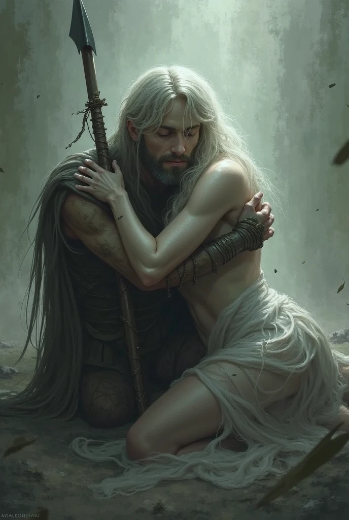 Christian man with a rosary and a cross,, submitting to the almighty power of a tattooed white pagan woman, dressed and a flower crown on his head