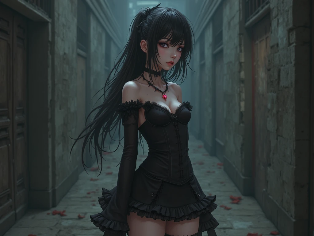 highres, shadows, absurdres, best_quality, ultra_detailed, 8k, extremely_clear, photograph, beautiful, sharp focus, hdr, beautiful face, petite body, 1girl, scared, wide-eyed, shock, barely clothed, torn clothes, short dress, multiple boys, zombie