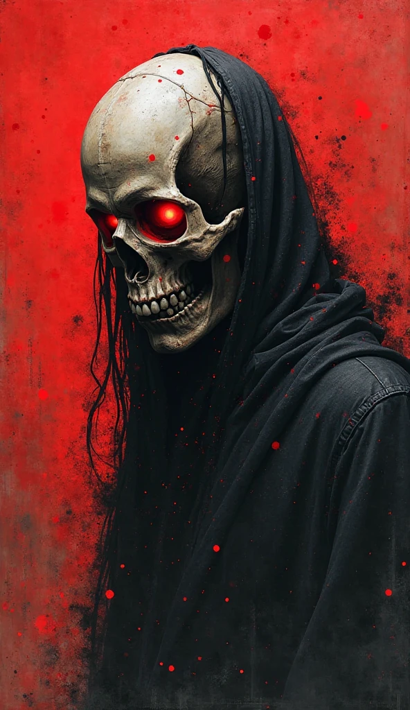 Black skull with black hood covering its head with red eyes giving cool
