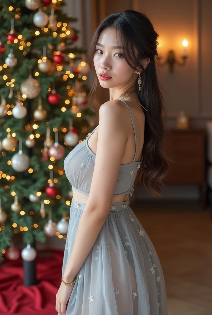 a beautiful young woman ((KPop Lisa) Lalisa Manobal, age 25), wearing an airy sheer Christmas night gown (shoulders exposed, deeply plunging neckline) , nude except for night gown, her intimate areas partially exposed and very detailed, (she is standing with her back to the viewer, she has let her gown slither down it now rests at her feet, she is slightly bent as she spreads her buttocks to reveal her anus and vagina, she is glancing back over her shoulder) by an old-fashioned fireplace with a roaring fire, Christmas scene (best quality, 4k, 8k, highres, masterpiece:1.2), ultra-detailed, (realistic, photorealistic, photo-realistic:1.37), HDR, UHD, studio lighting, ultra-fine painting, sharp focus, physically-based rendering, extreme detail description, professional, vivid colors, bokeh, portrait, figurative, intimate, sensual, cozy, Christmas, warm lighting, chiaroscuro (show her entire body, show all of her)