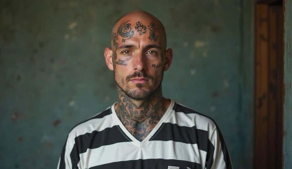Photo RAW, 1man, photo of andtat, (prison uniform), tattered, thin, unhealthy, malnourished, intricate, tattooed (bald: 1.1), elegant, (behind bars), high quality, grain film, Fujifilm XT3