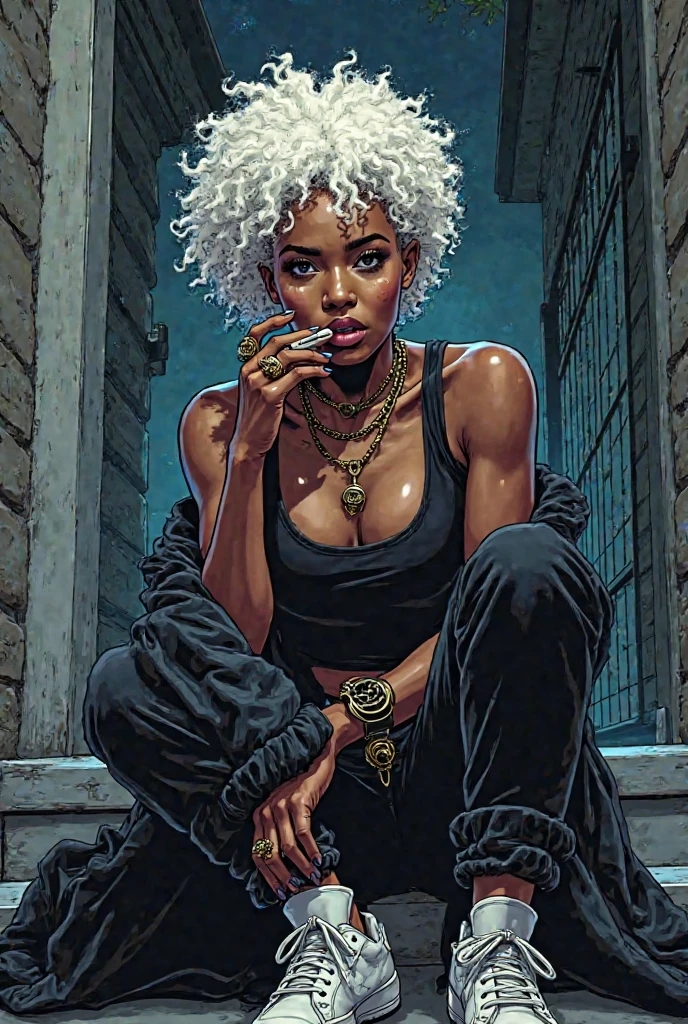 dark skin middle aged small drugged Jamaican woman , tired and sleepy, on drugs, messy black dreads, tattoos, in handcuffs, wearing prison jumpsuit with logo, , in jail cell with big black woman curvy