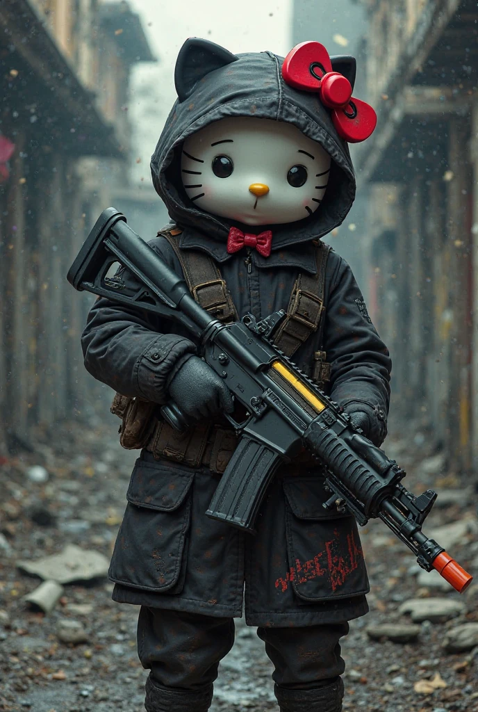 I want you to make Simon "ghost" Riley personaje de call of duty versión hello kitty pero en vez de el moño rosa unos lentes militares con su máscara de calavera y su ropa característica de ghost y de fondo una zona de guerra
