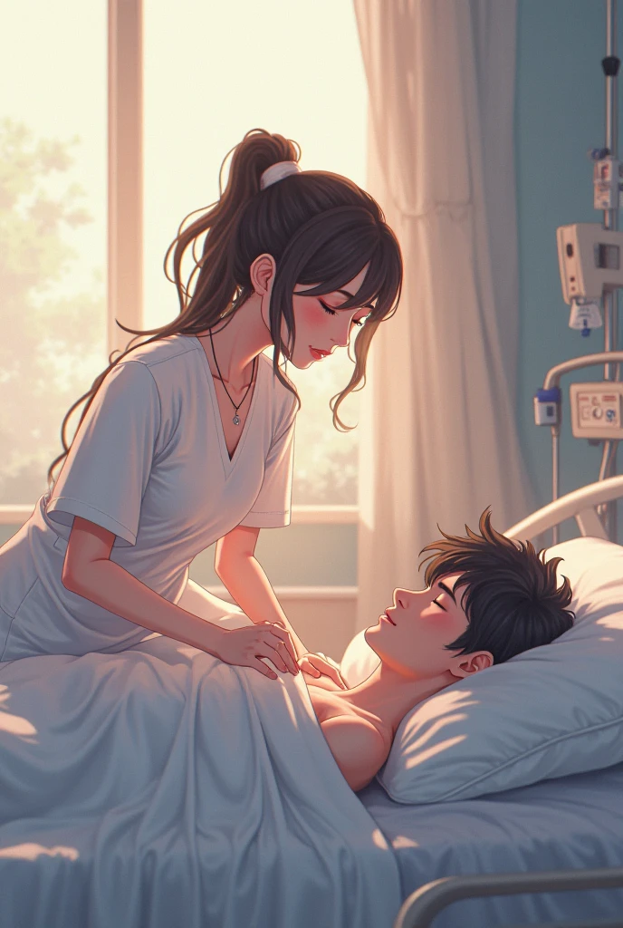Adult woman taking care of a sick man in anime drawing