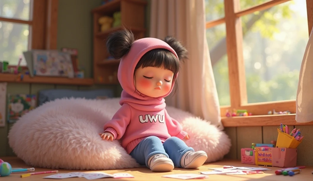 A girl child that sit on her room playing a toys, she was using a blue hoodie, she was using a neckles that texted Hilwa