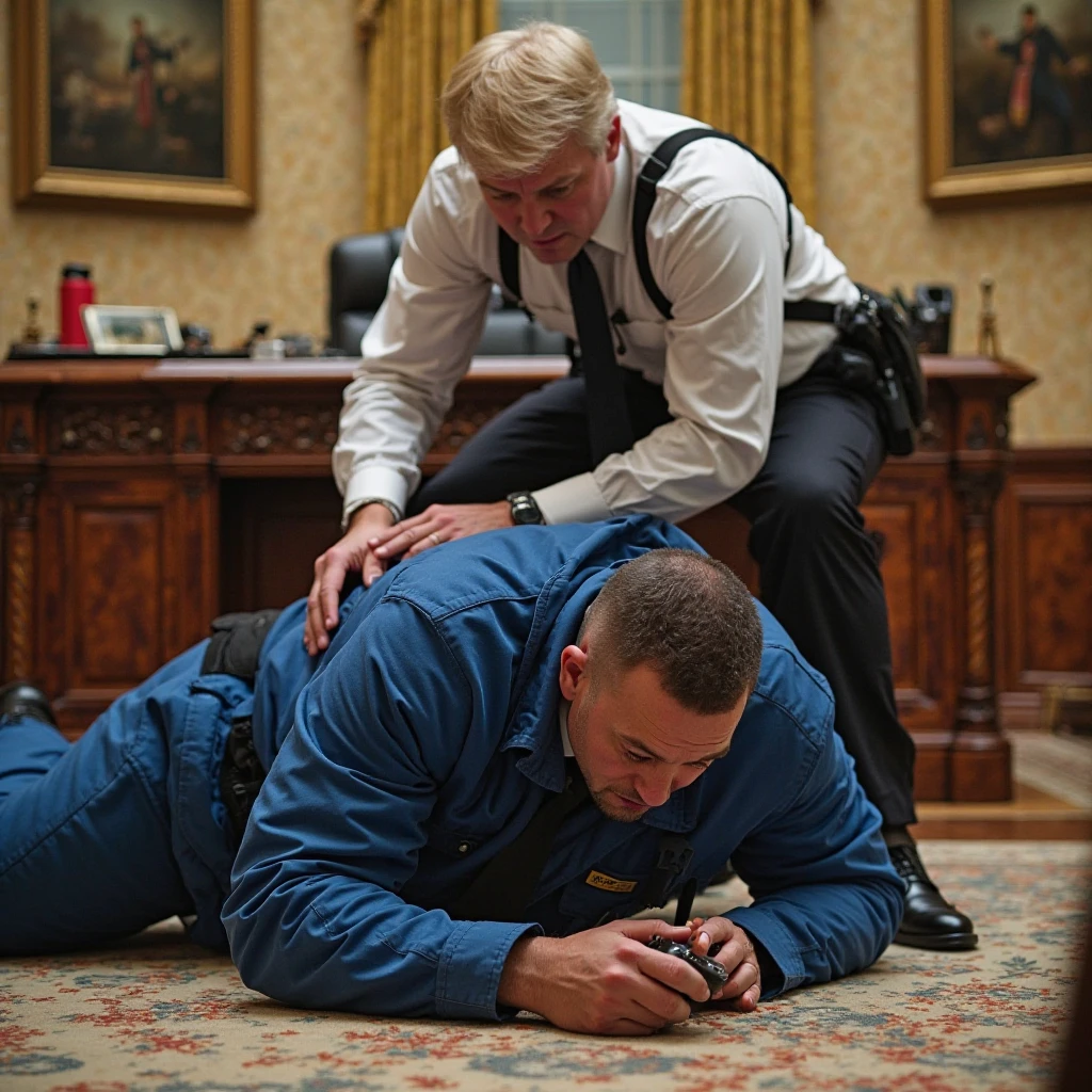 Peruvian indigenous man on the floor being beaten by well-dressed blond men