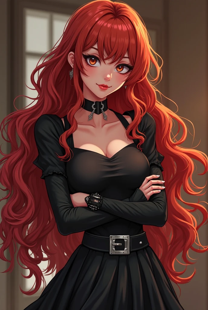 masterpiece, Highest quality, High resolution, One girl, alone, Modern vampires, Redhead, Long Hair, Open Hair, Red eyes, Wicked Smile, both vampires with Redhead, Red and black outfit, Scary background