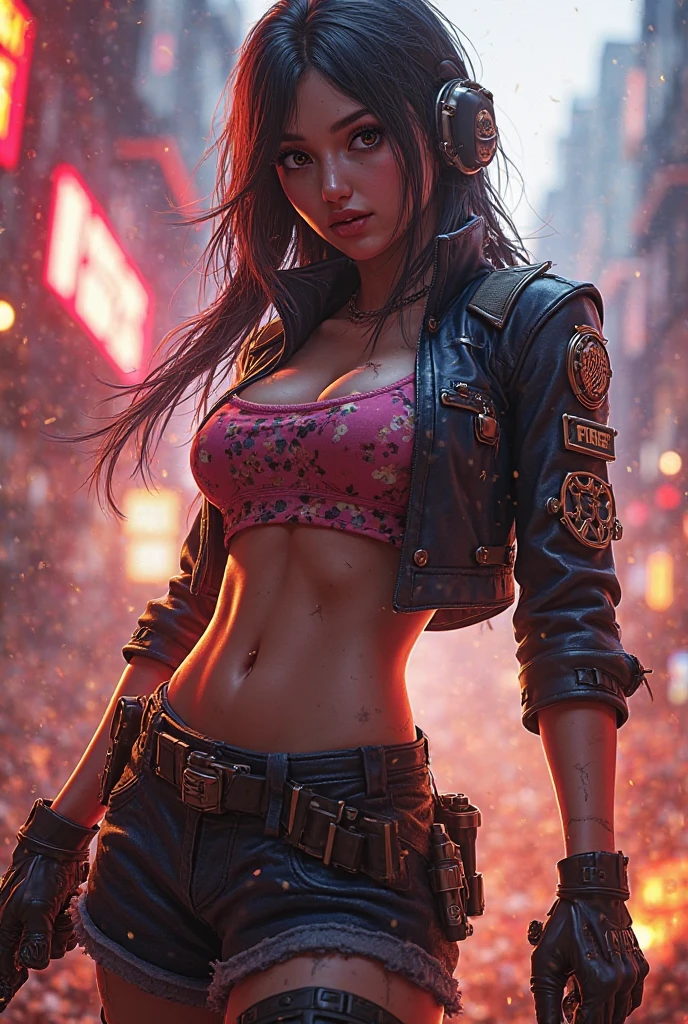 uma mulher, 30 anos, guerreira , Mundo futurista , personagem de jogo ,  decote, corpo  muito musculoso, Aptitude, HDR , (detalhes insanos, hiper realismo: 1.2), (detalhe de pele insana), corpo inteiro, Tactical Short Jacket & Small Tactical Shorts , (pele foto realista: 1.4), cinematic lighthing, (Rim lighting: 1.3 ), color grading, focado, Cyberpunk fundo , cidade em guerra , (alto detalhe da pele: 1.2), Casais, pele suada, Fujifilm XT3, color correction, tudo muito detalhado , no watermark , Unique Image Creation , Fundo cidade cyberpunk em guerra , 8k