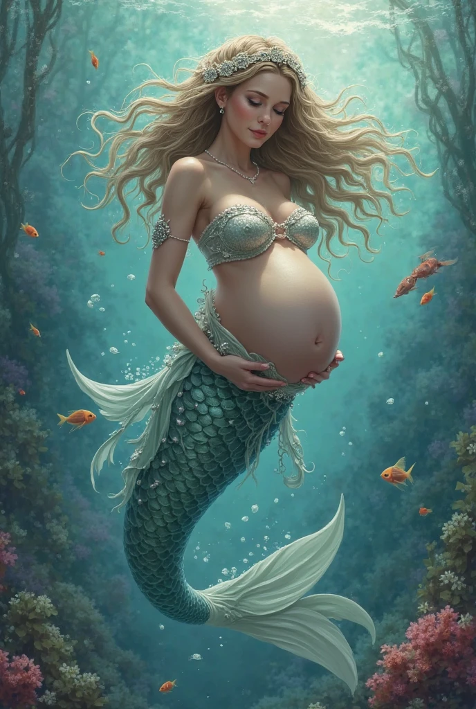 Underwater very deep sea, blue sea, a portrait photograph of a beautiful ((90 year old)) korean woman, pregnant, blonde hair, mermaid, wrinkles, long white mermaid tail below waistline,